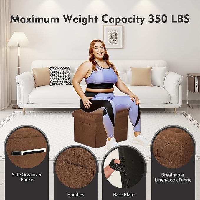 Storage Ottoman Cube, Folding Foot Rest with Thicker Foam Padded Seat. 350 lbs Small Linen Ottoman with Storage Bench Footstool for Living Room, Bedroom, Coffee Table. 17x13x13in, Brown