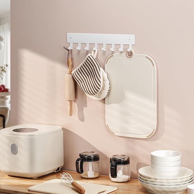 pickpiff Key Holder Wall Mount, Adhesive Key Rack with 8 Hooks Hanger for Car Key Ring, Metal Key Chain Organizer, White 1 Pack