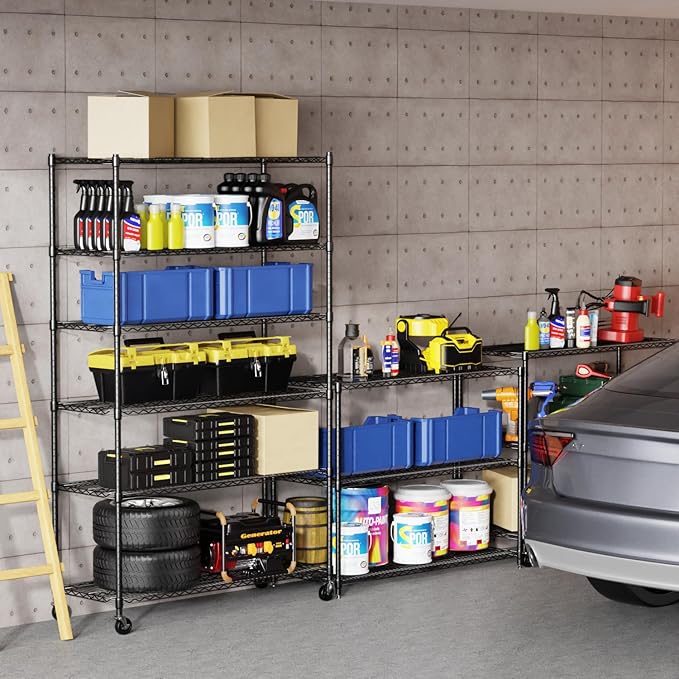 BestOffice Storage Shelves 6 Tier Metal Shelves Adjustable Heavy Duty Garage Shelving Wire Shelving Unit Capacity 6000LBS with Wheels for Kitchen, Garage Pantry Closet Commercial,Black