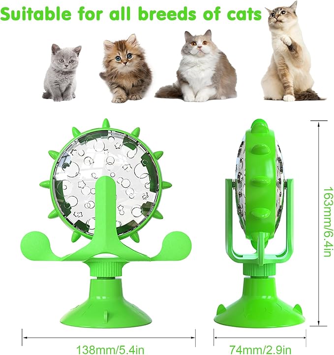 Cat Dog Treat Dispenser Toy - Cat Interactive Feeder Pet Food Toys Feeder 360° Degree Rotating Food Leakage Device Rotate with Strong Suction Cup Money Wheel Shape (Green)