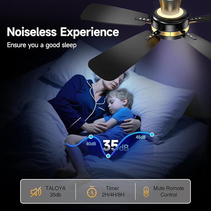TALOYA Ceiling Fans with Lights and Remote, 46 Inch Low Profile Ceiling Fan with Light, Flush Mount, Reversible, 3CCT, Dimmable Modern Ceiling Fan for Bedroom, Living Room, Outdoor Patio, Black Gold