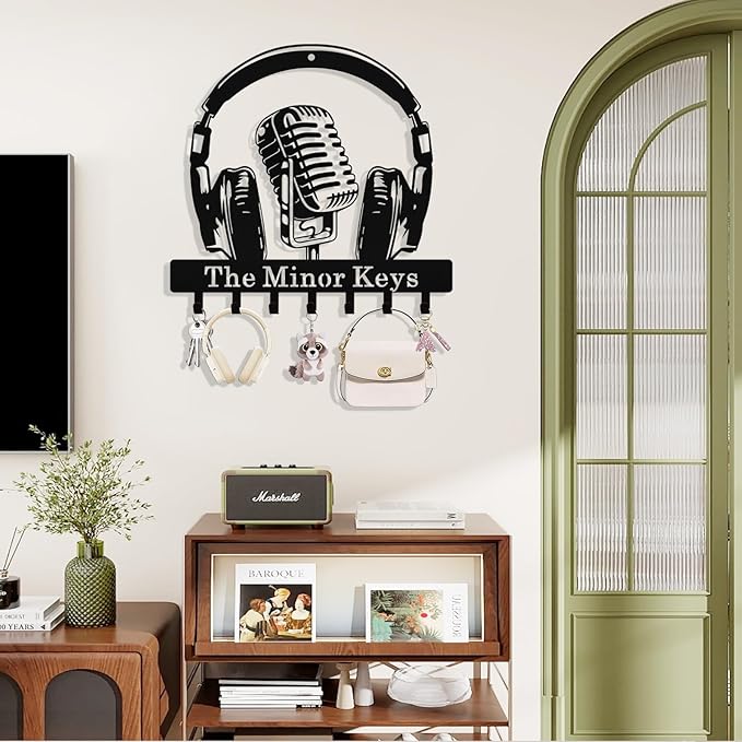 Personalized Music Key Holder Wall Mount, Custom Metal Key Holder for Wall with Name, Custom Keys Rack Hanger with Hooks for Entryway, Front Door, Hallway, Living Room, Kitchen