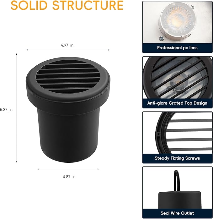 5 Inch 6.5W Low Voltage Under Ground Light, Outdoor In-ground Lighting with Grated Top, 12V 3000K Warm White Waterproof LED Lights for Garden Fence Pathway Deck Driveway Walkway, 6 Pack