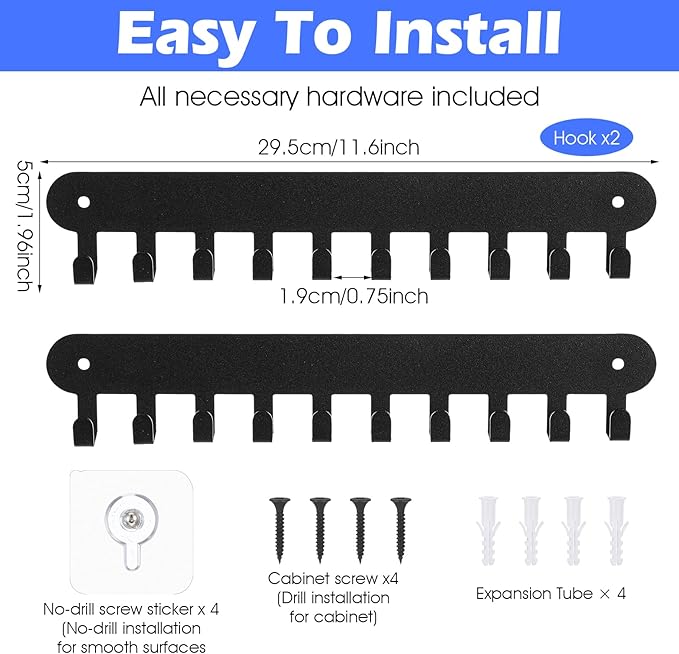 2 Pack Key Holder Wall Mount Adhesive, 10 Hooks for Keys on Wall, No Drill Keys Rack, Black Iron Key Hangers for Living Room, Kitchen, Bathroom, Garage (11.6 x 1.96 Inches)