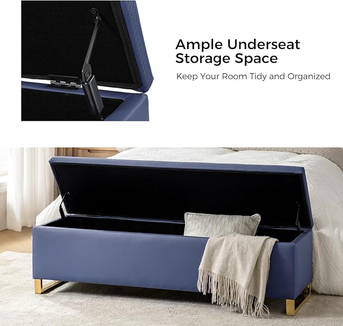 EcoHarbor Living Storage Ottoman Bench with Throw Ottomans, Modern End of Bed Bench, Upholstered Footrest Stool with Gold Legs for Living, Bedroom, Entryway and Hallway(Navy 60inch)