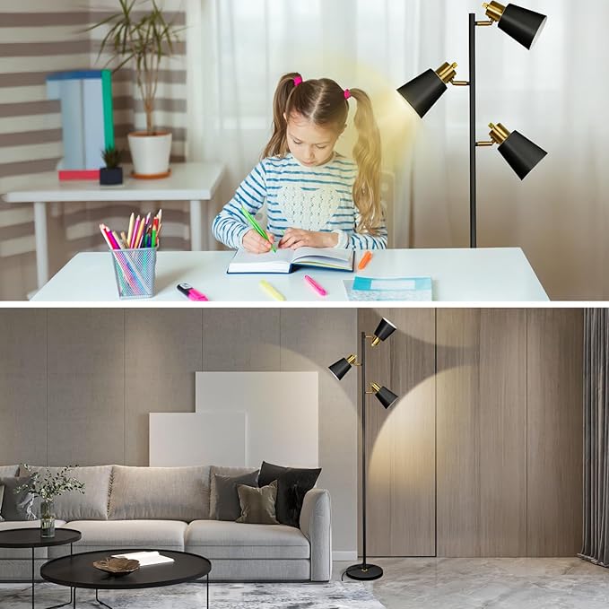 Tree Floor Lamp for Living Room, Industrial 3-Light Standing Lamp with 3 LED Bulbs, Adjustable Rotation Heads, Standing Tall Pole Lamp Farmhouse Rustic Reading Lamps for Bedroom Office (Black Gold)