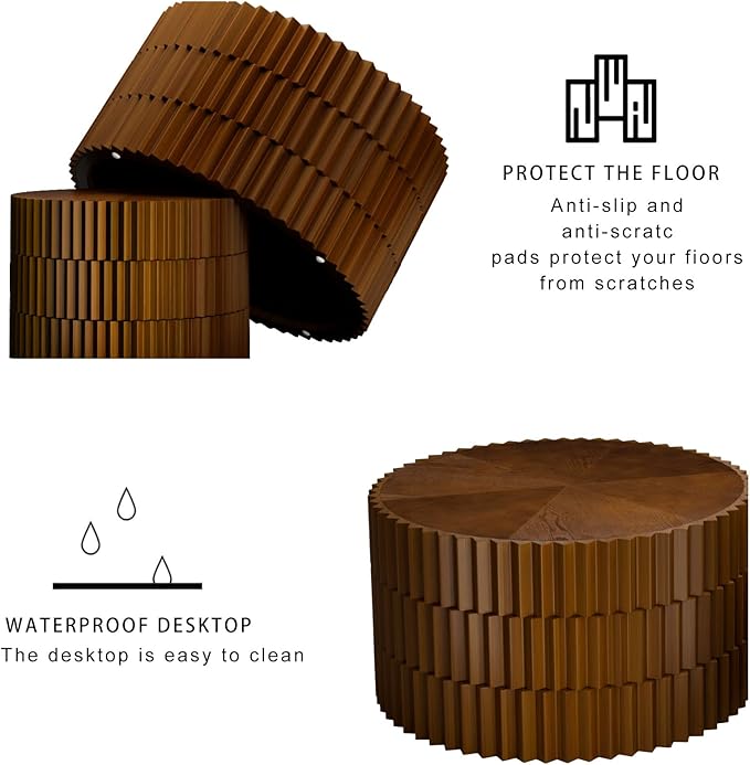 Round Nesting Coffee Table Set of 2 Walnut Round Drum Fluted Coffee Tables for Small Space Modern Stacking Nesting Tables Minimalist Circle Center Table 2 Piece for Living Room (Walnut)