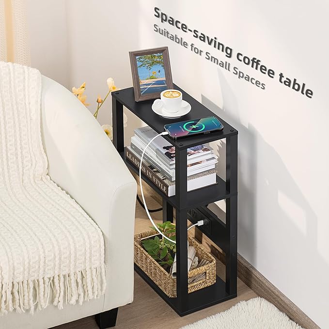 3-Tier Small Narrow Wood Side Table with Charging Station, Skinny Nightstand for Small Space, Slim Bedside Table with Storage for Couch, Thin End Table with USB Ports and Outlets, Black