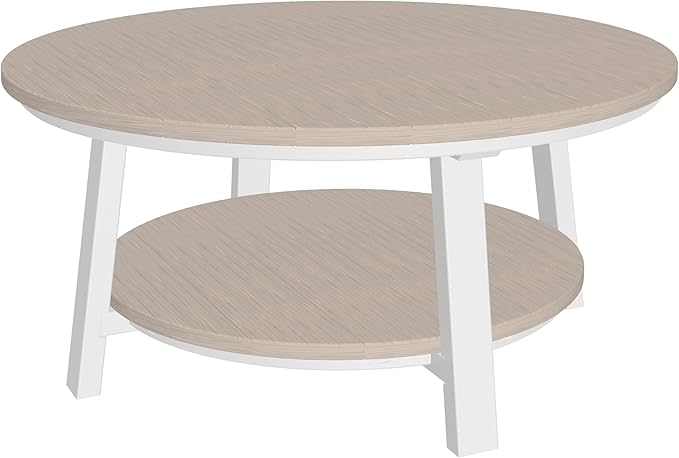 LuxCraft Deluxe Poly Round Outdoor Coffee Table, Two Tier Coffee Table, Round Conversation Tables for Outside Patio with Lower Shelf - Amish Made in USA (Birch & White)