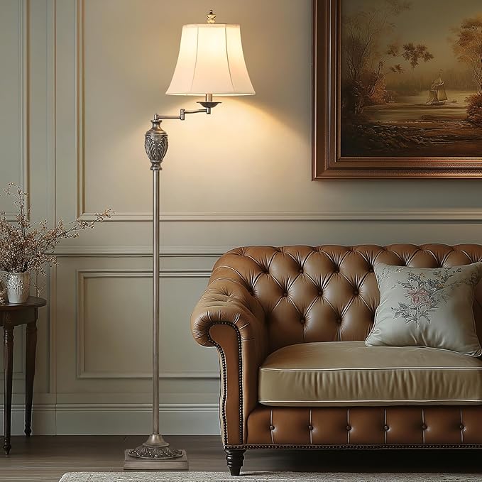 Traditional LED Floor Lamp with 350° Adjustable Swing Arm Lamp – Vintage Standing Pole lamp for Living Room, Bedroom and Office – Rustic Upright Floor Light for Home Décor with Silk Fabric Shade