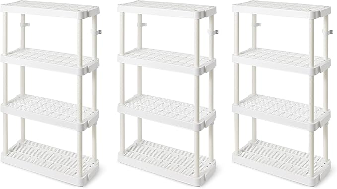 Gracious Living 4 Shelf Adjustable Height Medium Duty Storage Unit 14 x 32 x 54.5 Organizer for Home, Garage, Basement, & Laundry, White (3 Pack)
