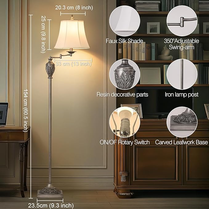 Traditional LED Floor Lamp with 350° Adjustable Swing Arm Lamp – Vintage Standing Pole lamp for Living Room, Bedroom and Office – Rustic Upright Floor Light for Home Décor with Silk Fabric Shade