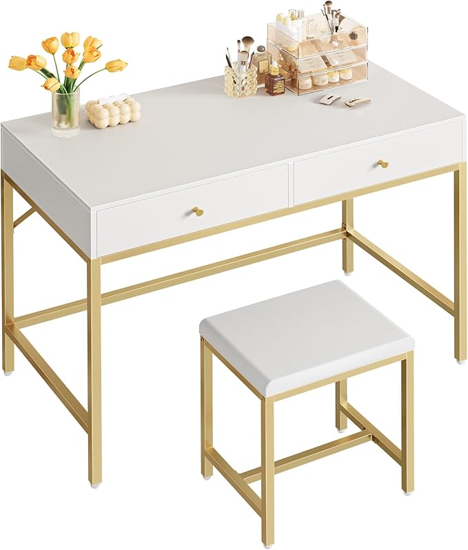 SUPERJARE 35.4" White and Gold Desk with 2 Drawers, Modern Makeup Vanity with Padded Stool, Small Computer Desk Home Office Desk for Writing Study Bedroom