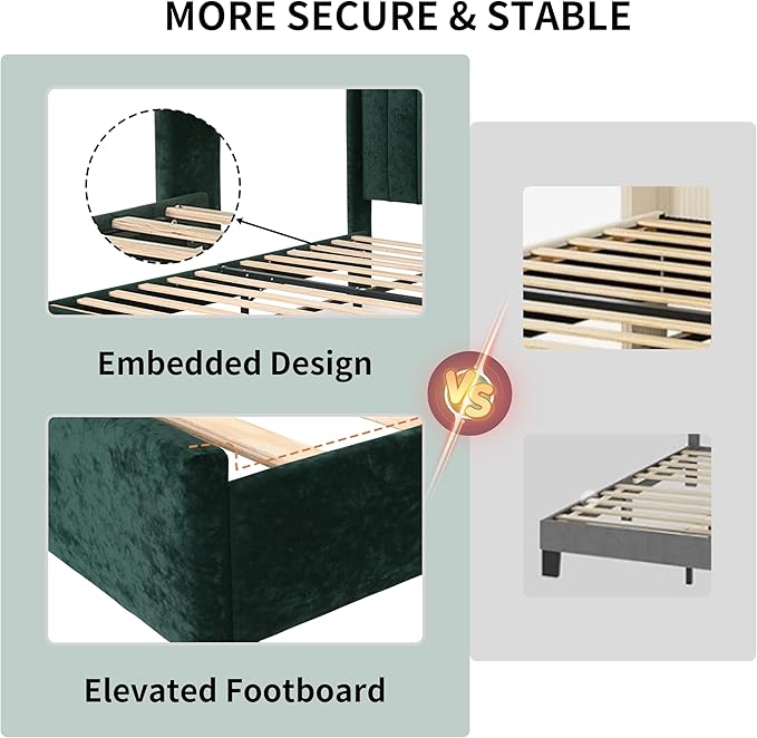Twin Size Upholstered Platform Bed Frame with Modern Wingback & Vertical Panel Headboard, Velvet Fabric, Wooden Legs & Slats Support, No Box Spring Needed, Noise-Free & Easy Assembly, Ink Green