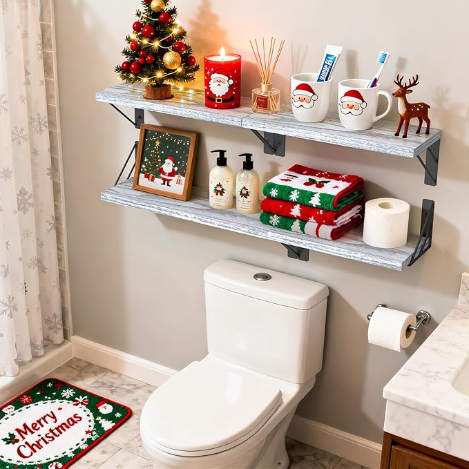 BAYKA Wall Shelves for Bedroom Decor, Floating Wall Shelves for Living Room Kitchen Storage, Mounted Rustic Wood Floating Shelves for Kids Books,Corner Shelves for Bathroom(Gray White，Set of 3)