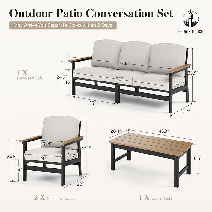 HERA'S HOUSE HDPE Patio Furniture Set, 4-Piece Outdoor Wicker Conversation Couch Set with Thick Cushion, All-Weather Patio Sofa Set for Backyard Garden Deck, Wood Grain Coffee Table