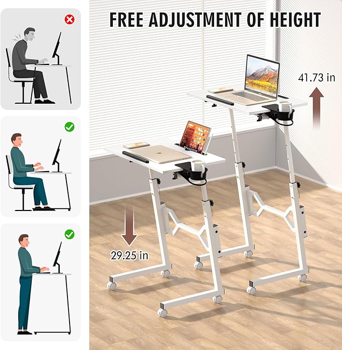 Small Standing Desk with Wheels, Portable Treadmill Desk, Rolling Desk Adjustable Height for Laptop, Mobile Standing Table for Walking Pad, Bedside Table