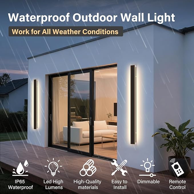 Modern Outdoor Wall Light, 39.4Inch Black LED Dimmable IP65 Waterproof with Remote Outdoor Linear Wall Sconces Exterior Lighting Fixture Porch Wall Light for House, Front Door, Garage