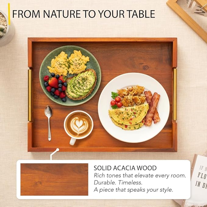Premium Acacia Wood Ottoman Tray, 17x13 inches Large Serving Tray, Decorative Coffee Table Tray with Metal Handles, Ideal for Breakfast in Bed, Appetizers, Kitchen & Living Room Decor