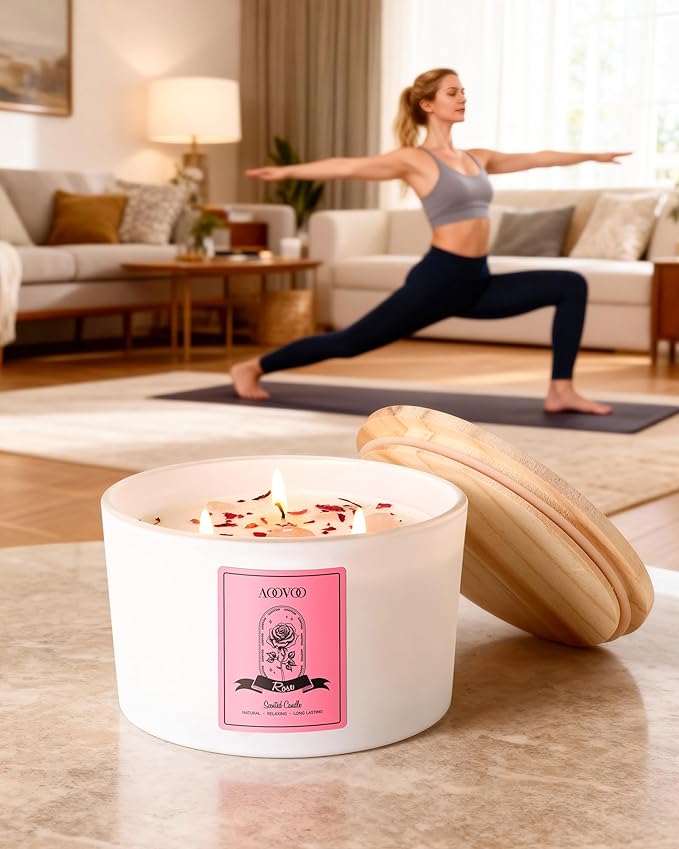 AOOVOO Rose Scented Candles for Women - 20oz 3 Wick Soy Candles for Home Scented, Aromatherapy Candle with Crystals Inside, Birthday Gifts Christmas Candle for Women Mom