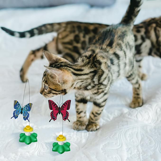 Vinsot 3 Pcs Electric Teasing Cat Toy Flying Interactive Cat Toy Automatic 360° Rotating Kitten Play Chase Supplies with 6 Pcs Replacement Head with Wire(Butterfly)