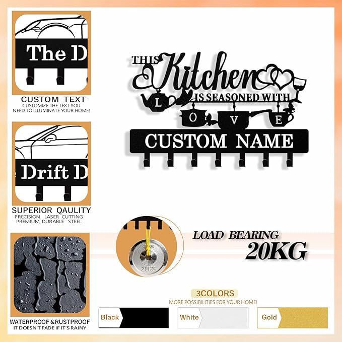 Personalized Key Holder Wall Mount, Custom Kitchen Theme Metal Keys Holder for Wall with Name, Wall Key Hanger Rack with Hooks for Entryway, Front Door, Living Room, Kitchen, Bathroom, Garden