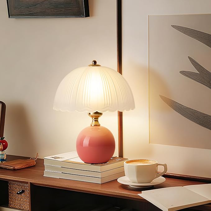 Ceramic Table lamp, Modern Bedside Lamps Pink Mid Century Vintage Desk Lamp Retro Glass Mushroom Traditional Lamp for Nightstand Living Room Bedroom Home Decor (S05PK-1PACK)