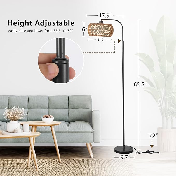 Rattan Floor Lamp for Living Room, Tall Pole Lamp with Adjustable Drum Shade, Foot Switch& Romote, Height Ajustment, Over Couch Arched Floor Light for Reading Bedroom Bulb Included