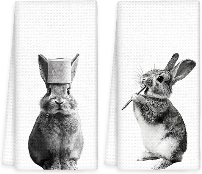 Funny Bunny Hand Towels Set of 2, Funny Rabbit Forest Animal Brush Teeth Hand Towels for Bathroom Washroom Restroom, Bunny Decor Gifts for Kids, Cute Rabbit Kids Nursey Bathroom Decor,16x24In