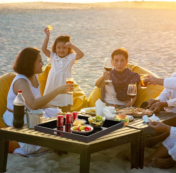 22×22 inches Oversized Black Acrylic Ottoman Tray Extra Large Decorative Tray Spill-Proof Serving Trays with Handles King-Size Safe Edge Organizer for Coffee Table Countertop Breakfast