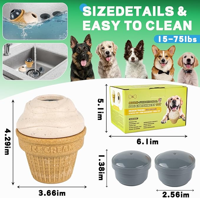 Interactive Dog Toy, Leak Proof Vortex Ice Cream Cone Chew Toy, Frozen Treat Dispensing Dog Toys, Dog Puzzle Toys, Indestructible Dog Toys for Small/Medium/Large Breeds, freezable Dog Toy