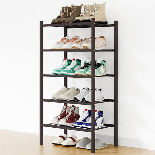 Smiry Shoe Rack, 5 Tier Small Bamboo Shoe Organizer, Stackable Free Standing Wooden Shoe Storage Shelf for Closet, Entryway, Front Door Entrance, Brown