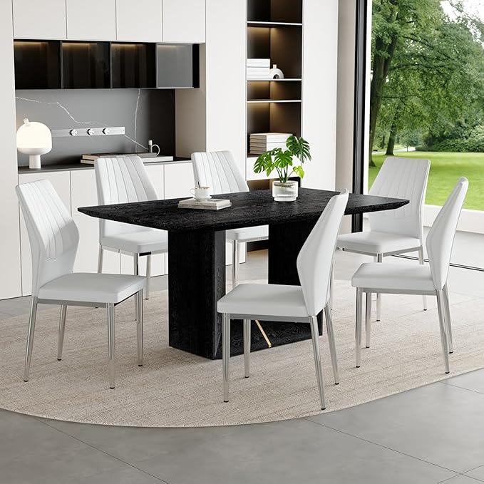 63" Modern Black Dining Table Set for 6 with Chairs, 7 Piece Rectangular Dining Room Table and 6 PU Leather Chairs, Kitchen Dining Set with Matte Wood Finish, Geometric Base, Easy Assembly