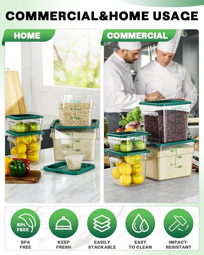 6QT NSF Food Storage Containers with Lids: 4 PCS [Total Food Grade][Hot&Cold Resistant] Commercial Clear Food Storage Containers for Restaurant Kitchen Proof Dough, Measuring Spoons Included(Green)