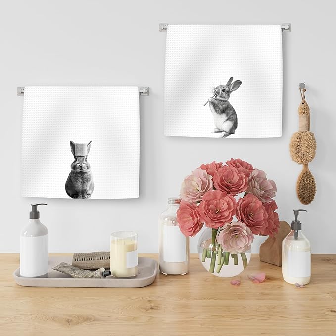 Funny Bunny Hand Towels Set of 2, Funny Rabbit Forest Animal Brush Teeth Hand Towels for Bathroom Washroom Restroom, Bunny Decor Gifts for Kids, Cute Rabbit Kids Nursey Bathroom Decor,16x24In