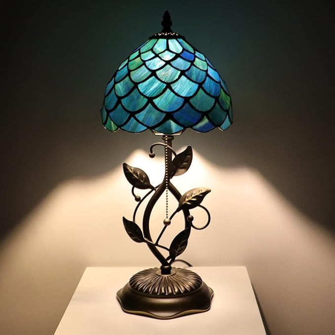 Small Tiffany Lamp Sea Blue Fish Scale Style Stained Glass Table Lamps Desk Bedside Reading Light 8X8X18 Inches with Bronze Metal Leaf Resin Base