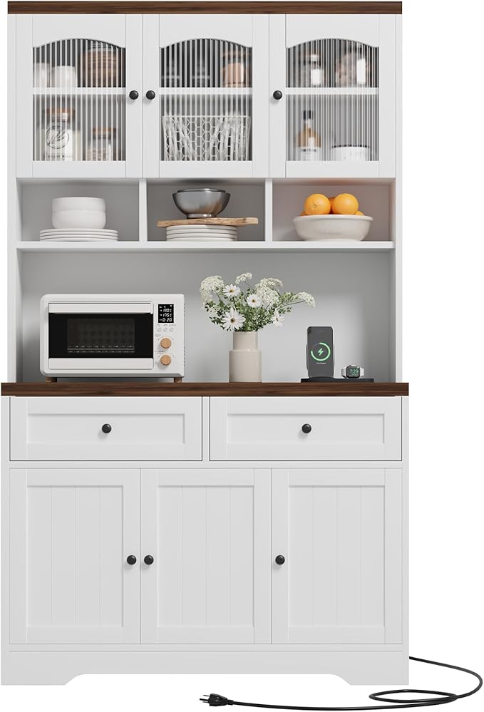 Garvee 71" Pantry Cabinet with Charging Station, Tall Kitchen Pantry Storage Cabinet with Microwave Stand, Farmhouse Kitchen Hutch with Storage Drawers for Living Room, Dining Room, White