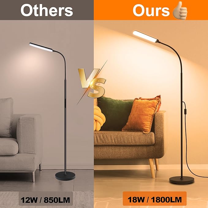Floor Lamp, 18W Super Bright LED Floor Lamps for Living Room with Remote, Stepless Dimming Color Temperature & Brightness, Modern Adjustable Neck Standing Lamp Ideal for Bedroom, Office, Study
