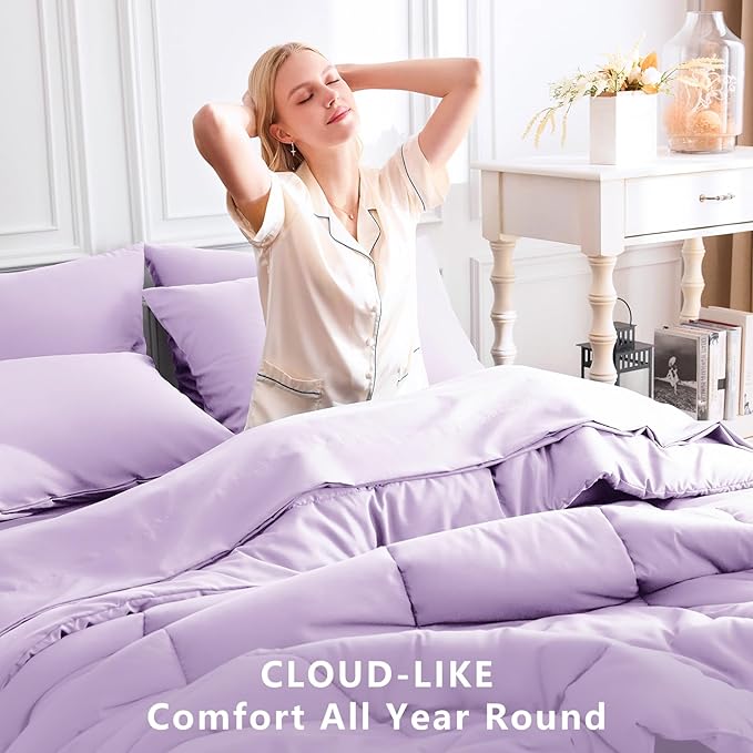 CozyLux Queen Comforter Set Lavender, 7 Pieces Bed in a Bag, Light Purple Comforter Queen Size, All Season Bedding Sets with Stitch Quilted Comforter, Flat Sheet, Fitted Sheet, Pillowcases