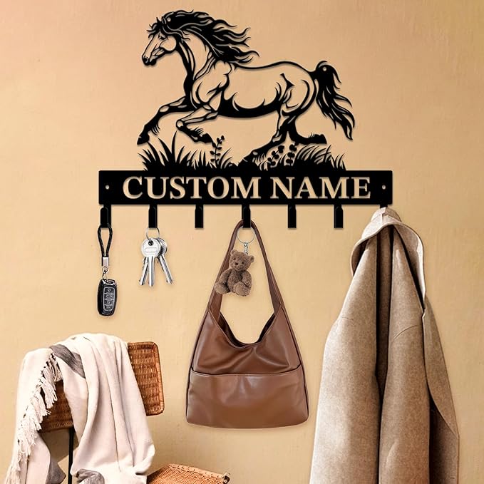 Personalized Custom Name Farm Horse Wall Key Hooks,Metal Horse Art Clothes Hooks,Metal Horse Wall Home Storage Decorative,For Front Door, Hallway, Kitchen, Bedroom,Keys,Hats (Style E)