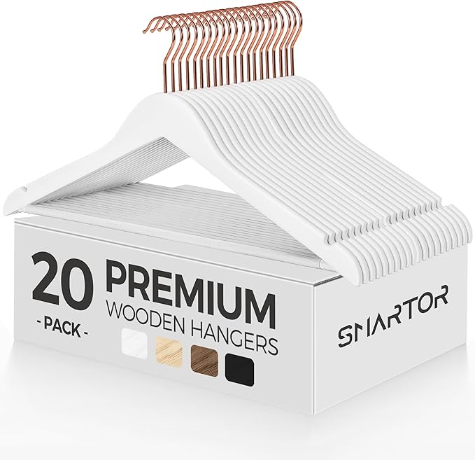 Smartor White Wooden Hangers 20 Pack, Solid Wood Coat Hanger for Closet, Heavy Duty Wood Hangers for Suits, Shirts, Dresses, with 360° Rose Gold Hook, Non Slip Pant Bar