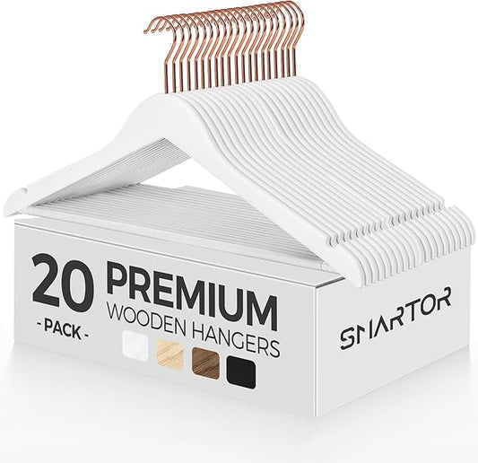 Smartor White Wooden Hangers 20 Pack, Solid Wood Coat Hanger for Closet, Heavy Duty Wood Hangers for Suits, Shirts, Dresses, with 360° Rose Gold Hook, Non Slip Pant Bar