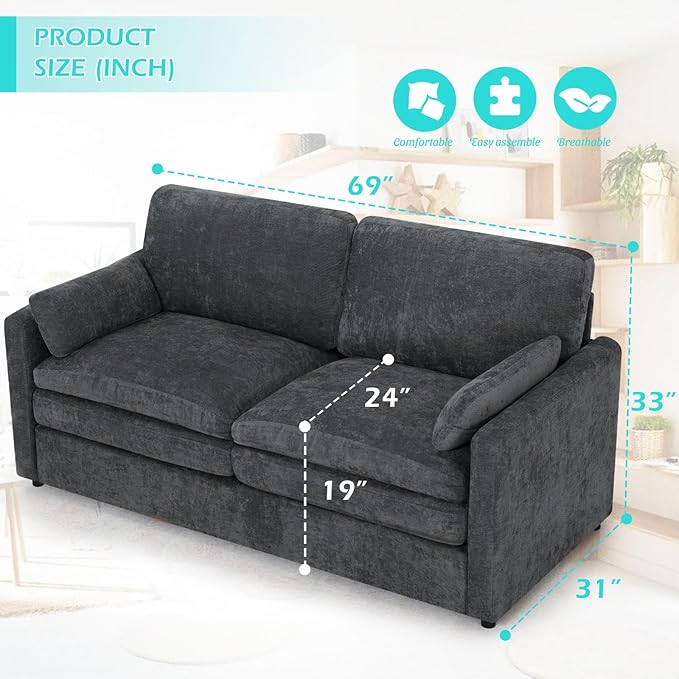 3 Pieces Chenille Sofa Set w/Arm Pillows, Upholstered 2 Pieces Loveseat & 3 Seater Sofa w/Comfortable Back Cushions, Modern 2-Seat & 3-Seat w/High-Density Foam for Living Room, Grey