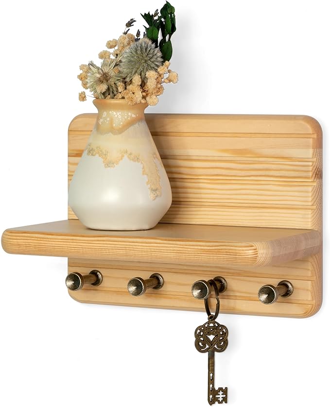Rebee Vision Small Key Holder Wall Mount for Home Organization – Decorative 7-inch Pine Wooden Key Holder for Wall with 4 Hooks & Floating Shelf - Stylish Home Decor Solution (Natural Wood)
