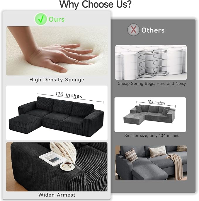 ONBRILL 110" Modular Sectional Sofa,L Shaped Couch 4 Seater with Sleeper Chaise, Sectional Couch with Deep Seat,Upholstered Corduroy Cloud Couches for Living Room,Bedroom,No Assembly Required,Black