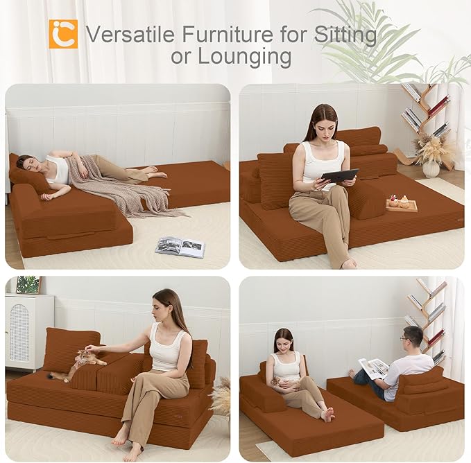 COMAX Convertible Sofa Bed, Folding Floor Couch Corduroy Fold Out Couch Bed Futon Sleeper Mattress with Pillows, Boneless Sofa Comfy Lounge Loveseat for Living Room Bedroom, Orange