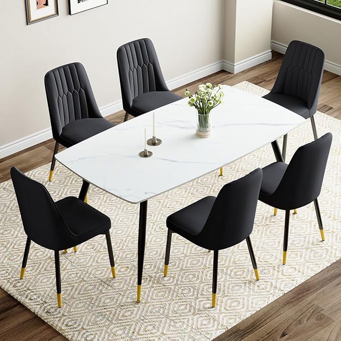 7 Piece Modern Dining Set, 62'' Sintered Stone Dinner Table for 6, 6 Chairs, Easy to Assemble