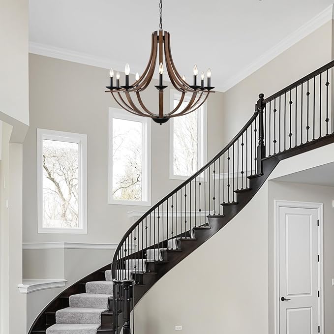 Rustic Chandeliers for Dining Room Light Fixture, 10-Light 35" Adjustable Height Retro Faux Wood Texture Farmhouse Light Fixtures for Living Room Bedroom Foyer Entryway