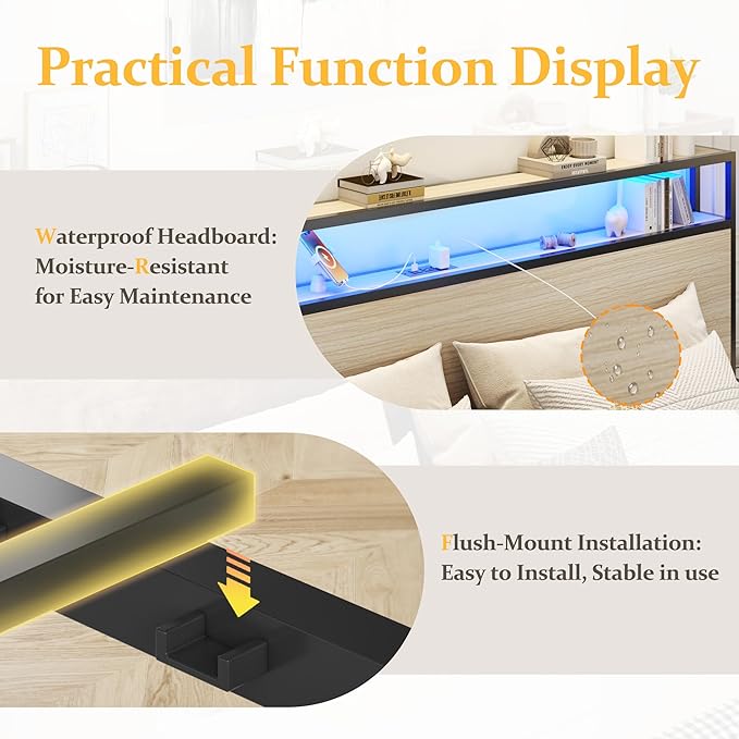 Lifezone King Bed Frame with 2-Tier Storage Headboard, Metal Platform Bed Frame with 4 Storage Drawers, Built in Charging Station & LED, Noise-Free/Metal Support/No Box Spring Needed, Beige