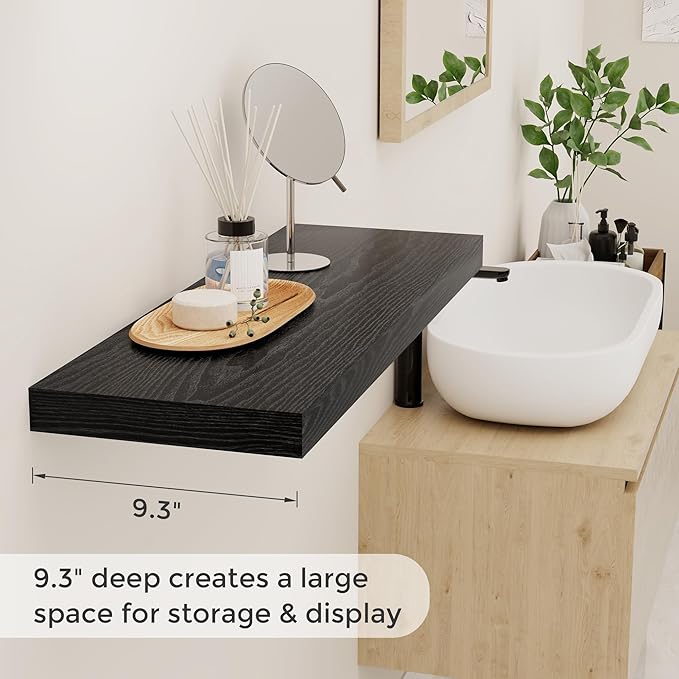 Fun Memories 32 Inch Floating Shelves, Wall-Mounted Bathroom Shelves Set of 2, 9.3 Inch Deep Floating Shelf Bookshelf for Living Room, Bedroom, Heavy-Duty Deep Storage Shelf for Wall, Black Color